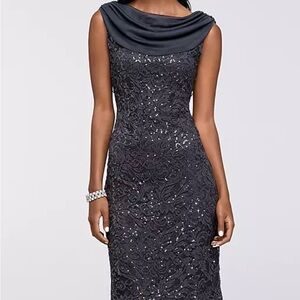 Short Sleeveless Stretch Sequin Lace Cowl Dress